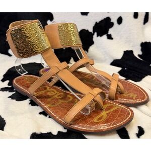 Sam Edelman Genette Nude Leather Gold Hammered Cuff Gladiator Sandals 8M